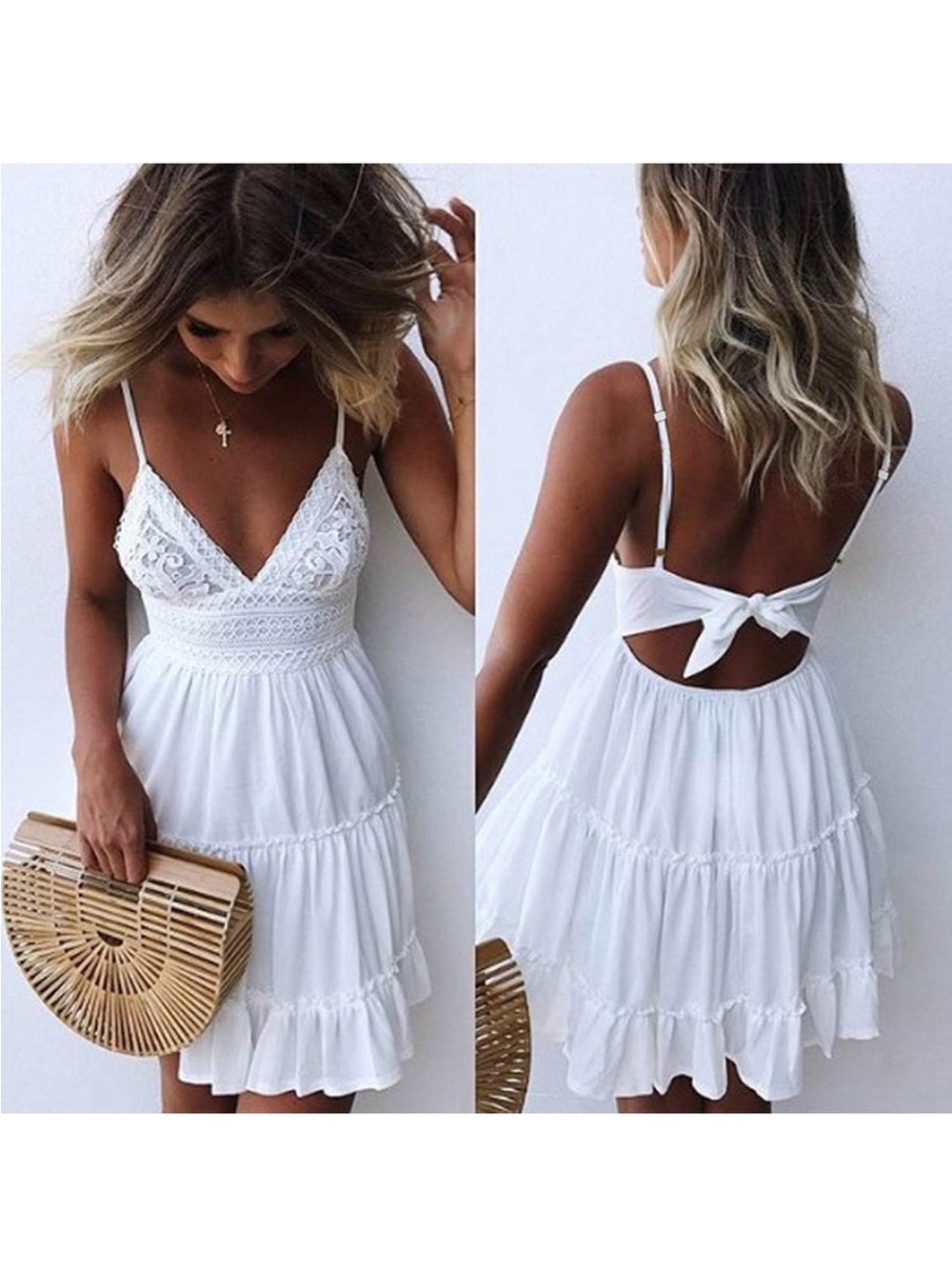 Ecowish white, v neck, spaghetti strap, bow knot back, lace mini skater dress.